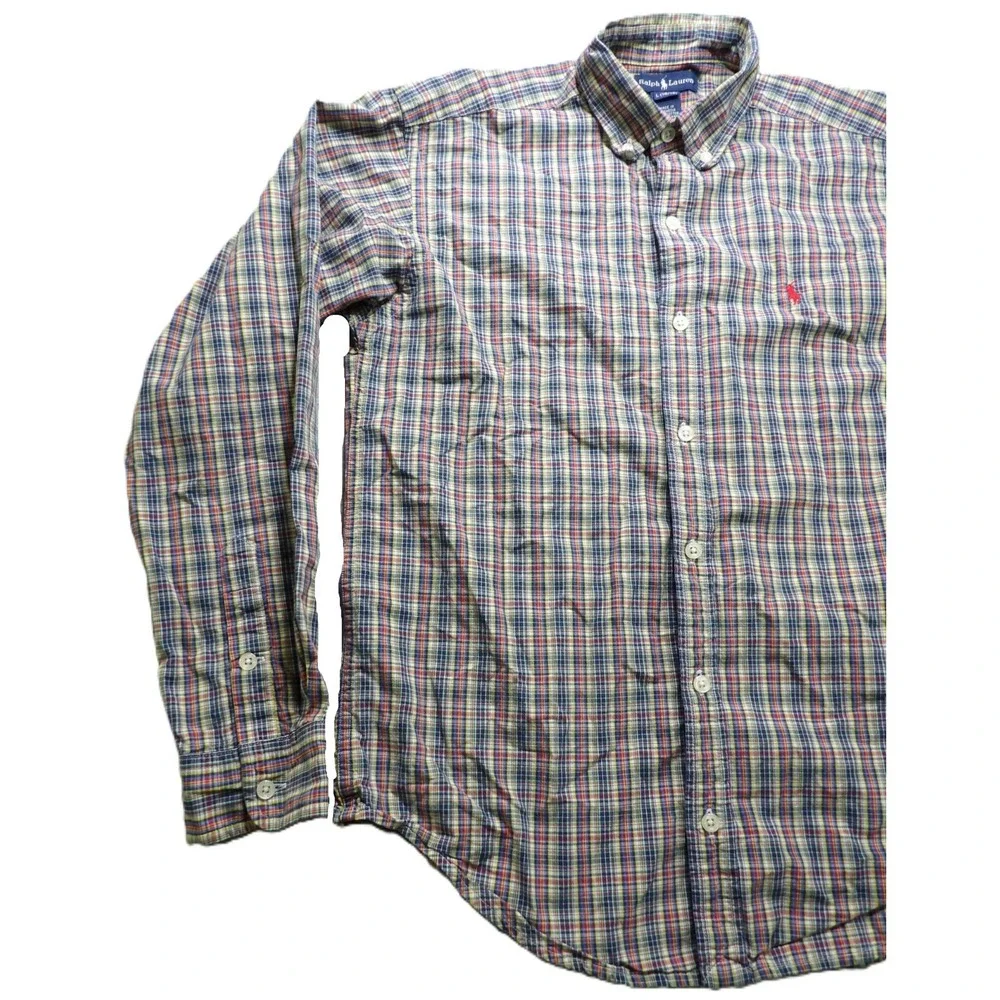 Ralph Lauren Boys Large 16/18 Plaid Button Down Shirt Madras OCBD Cotton LS Pony